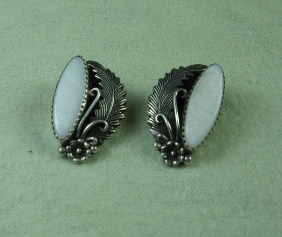 Navajo Indian Sterling Silver & MOP Earrings - Antique Ethnographic Jewelry