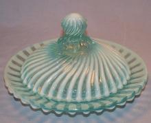 Turquoise OPALESCENT Swirl Design Glass Butter Dish