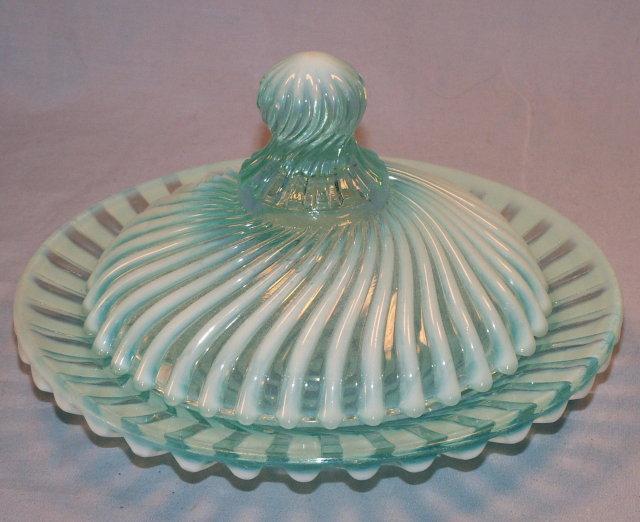 Turquoise OPALESCENT Swirl Design Glass Butter Dish