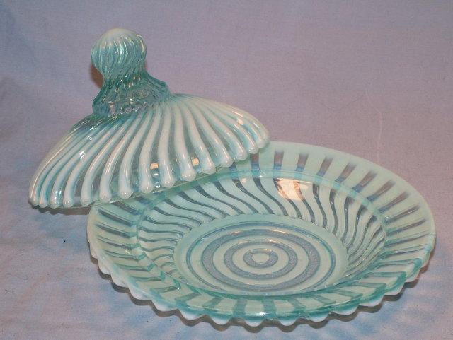Turquoise OPALESCENT Swirl Design Glass Butter Dish