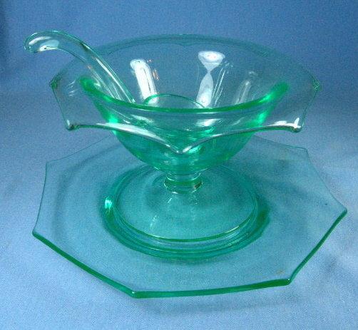 Vaseline Glass 3pc Condiment Mayo Set - Elegant Depression Glass
