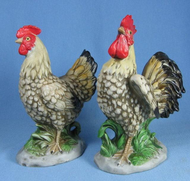 HOMCO Bisque Porcelain CHICKENS - Vintage Pair of Figurines