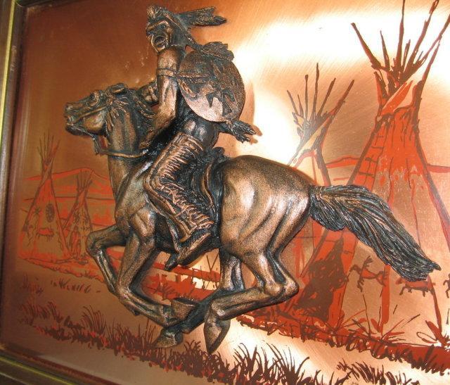 INDIAN WARRIOR on HORSE - Bronze & Copper 3-D Plaque - misc fal