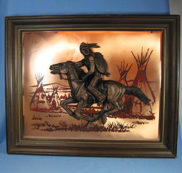 INDIAN WARRIOR on HORSE - Bronze & Copper 3-D Plaque - misc fal