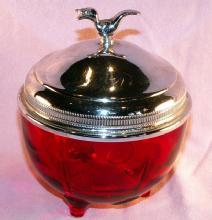 Red MOONDROPS Depression Glass 3 Footed Bowl with Bird Finial Metal Top