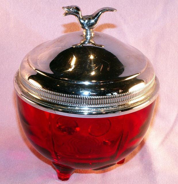 Red MOONDROPS Depression Glass 3 Footed Bowl with Bird Finial Metal Top