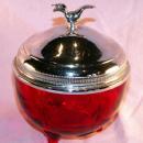 Red MOONDROPS Depression Glass 3 Footed Bowl with Bird Finial Metal Top