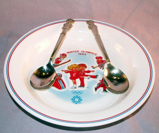 CAMPBELL KIDS 1984 Winter Olympics Bowl with 2 Spoons - Advertising