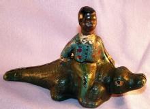 BLACK BOY ON ALLEGATOR Cast Iron Nodder Bank - Ethnographic