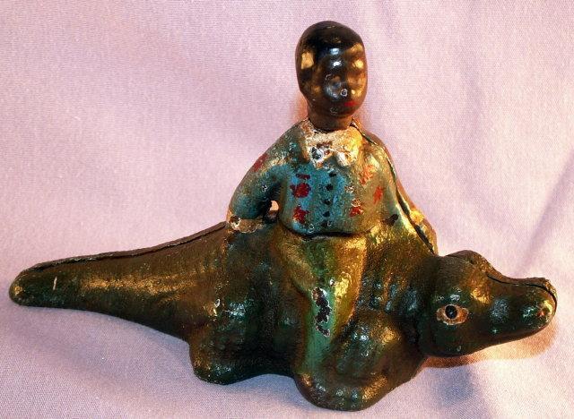 BLACK BOY ON ALLEGATOR Cast Iron Nodder Bank - Ethnographic