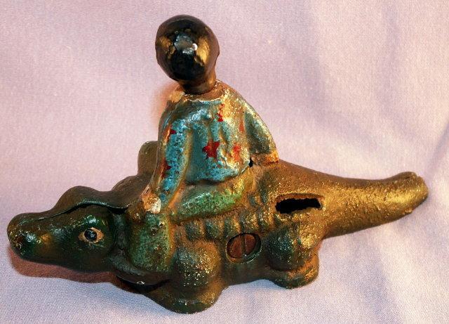 BLACK BOY ON ALLEGATOR Cast Iron Nodder Bank - Ethnographic
