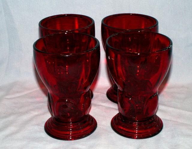 Four Ruby Red MOONDROPS Depression Gl ass Tumblers