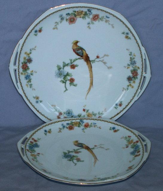 Pair of Open Handled EXOTIC BIRD Porcelain Plates