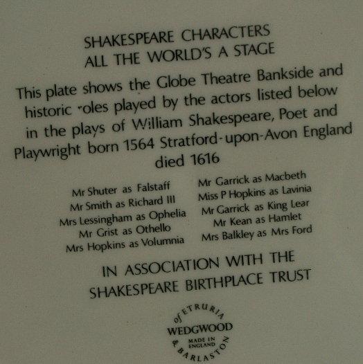 SHAKESPEARE CHARACTERS ALL THE WORLD'S A STAGE Porcelain Plate