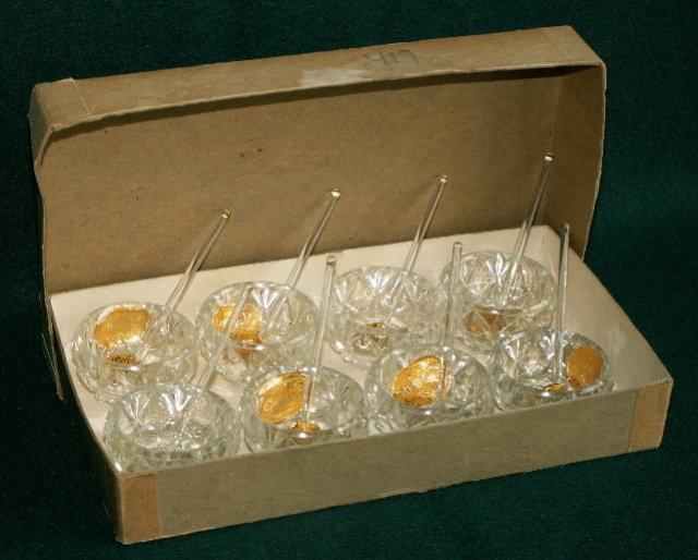 Set of 8 Pressed Glass Salts and Spoons in Original Box