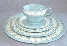 Five Piece WEDGWOOD Porcelain Blue Queen's Ware Dinnerware Setting