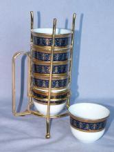 6 Tea/Sake Porcelain Cups in Gold Wire Rack