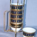 6 Tea/Sake Porcelain Cups in Gold Wire Rack