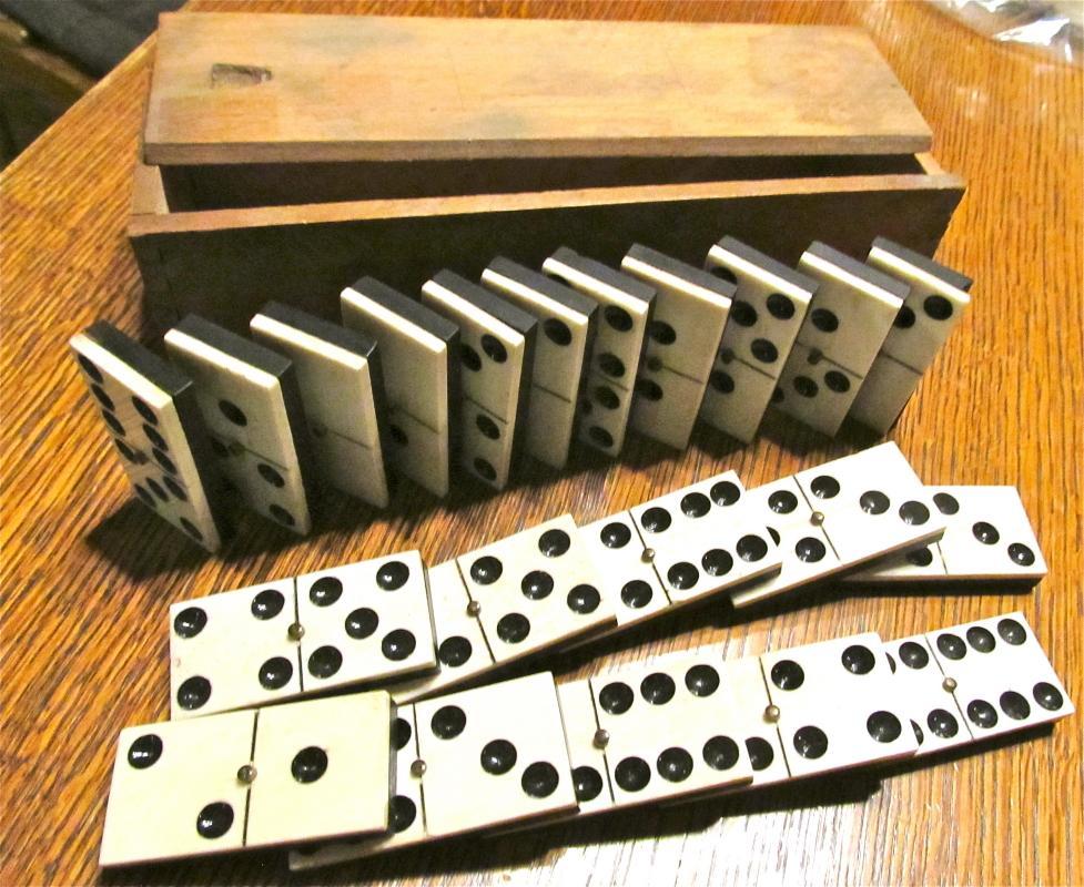 Vintage Dominoes Set Ebony & Ivory in wood box
