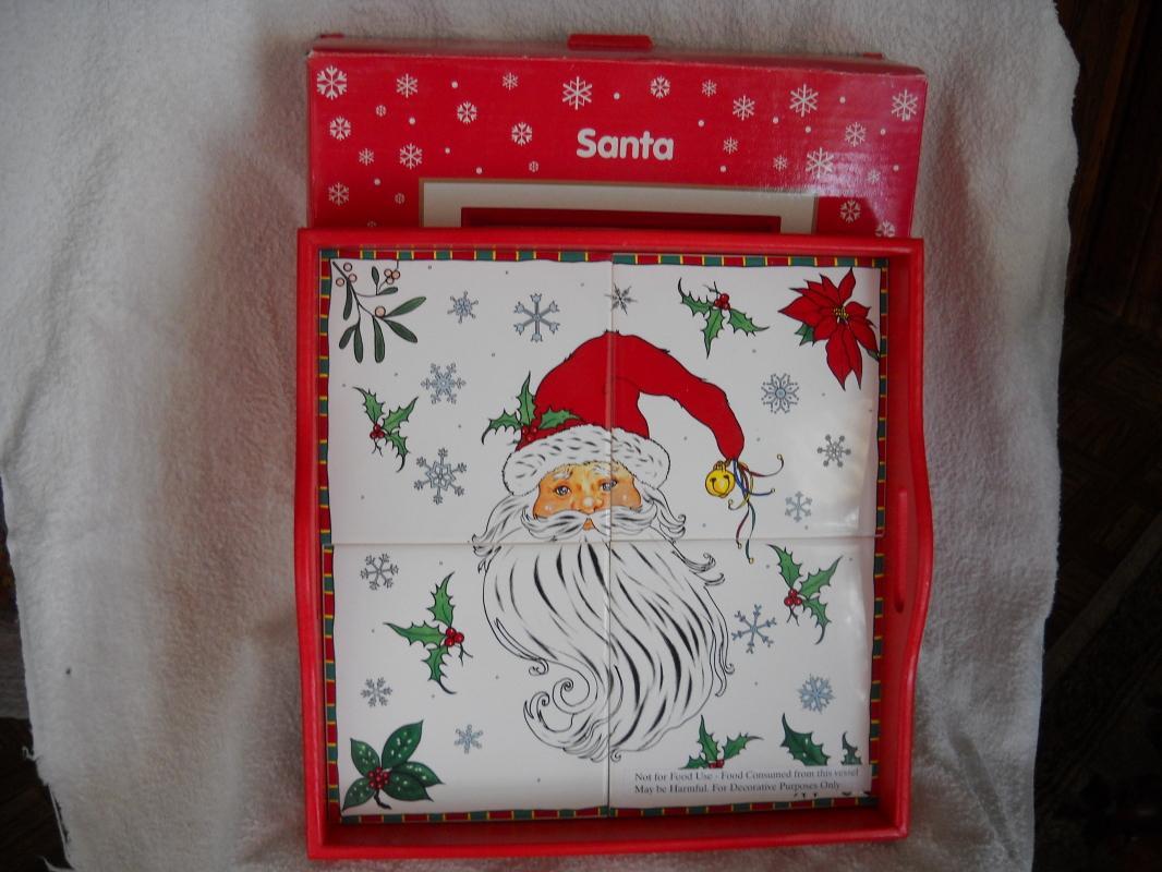 Ceramic tile and wood Chrismas tray.SANTA. JCPenney