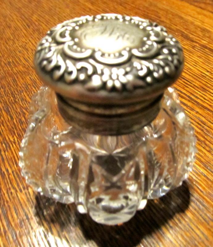 Wilcox Rococo Sterling Lid Crystal Inkwell - Glass