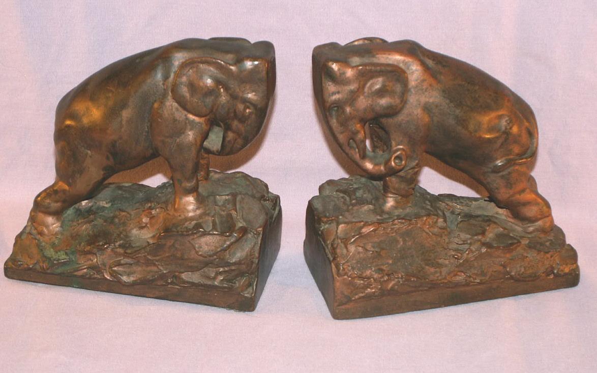 BUTTING HEAD ELEPHANTS Copper Clad Bookends - Metalware