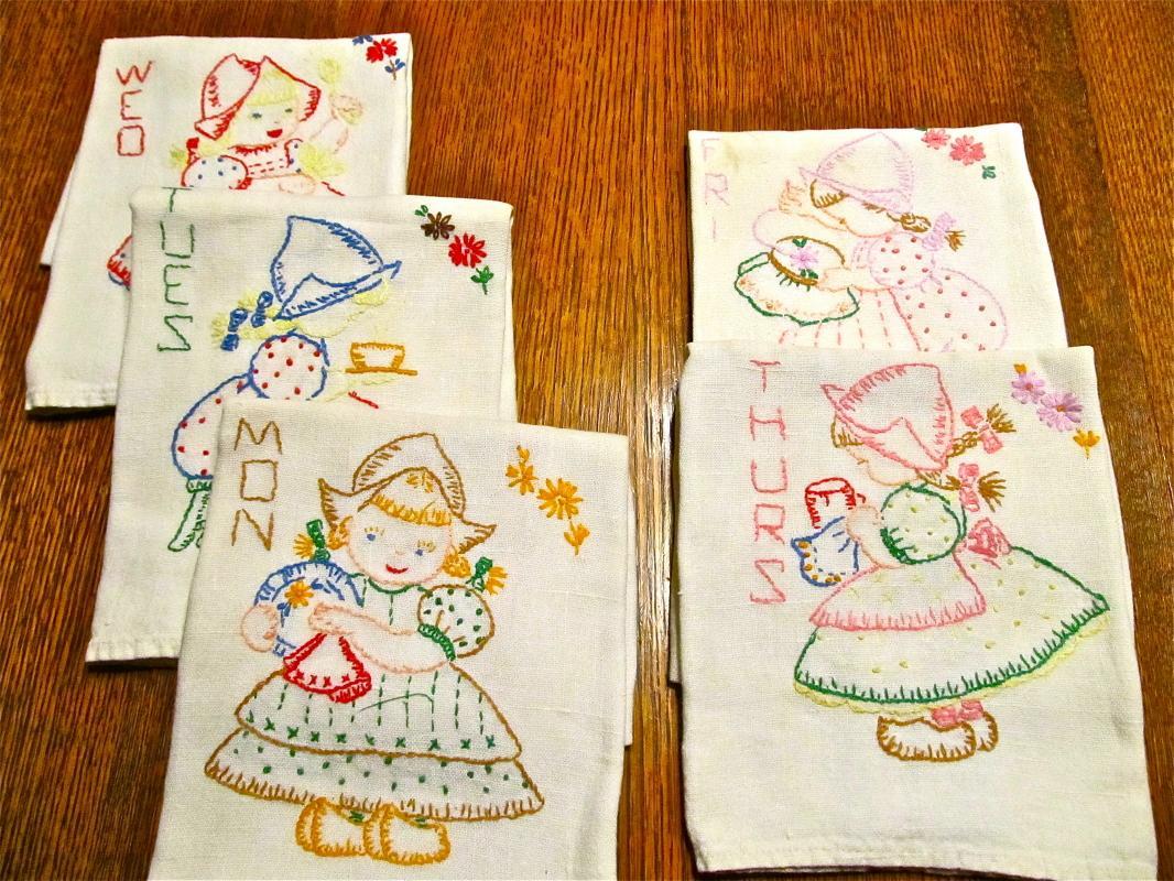 Dutch Embroidery Days of the Week Towels - Textiles