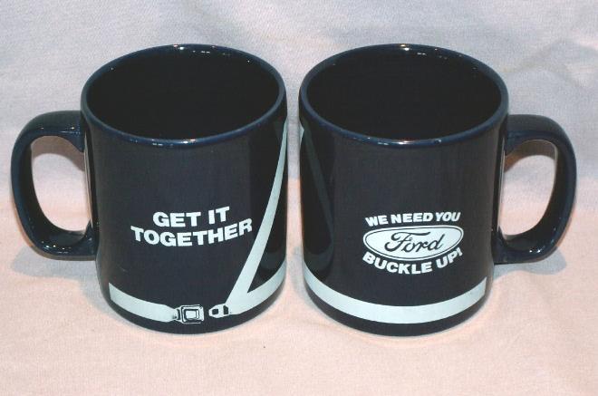 2 FORD Cobalt BUCKLE UP Pottery Coffee Cups - Advertising