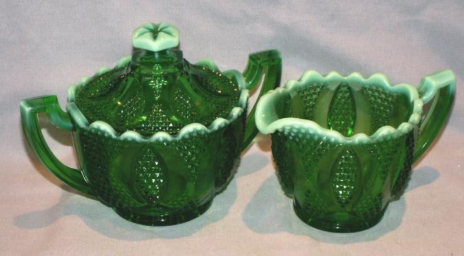 Emerald Green Opalescent Glass Creamer and Sugar