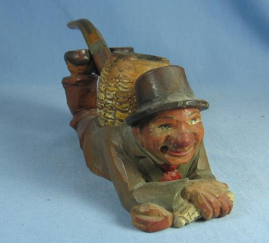 Anri Carved Man PIPE HOLDER - Antique Carved Wood - Folk Art Tobacciana Collectible
