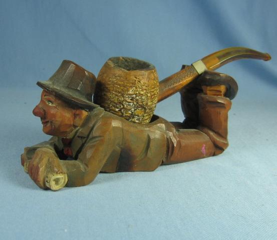 Anri Carved Man PIPE HOLDER - Antique Carved Wood - Folk Art Tobacciana Collectible
