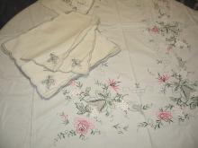 Irish Linen Embroidered Needlepoint Tablecloth and Matching Napkins - Vintage Textile