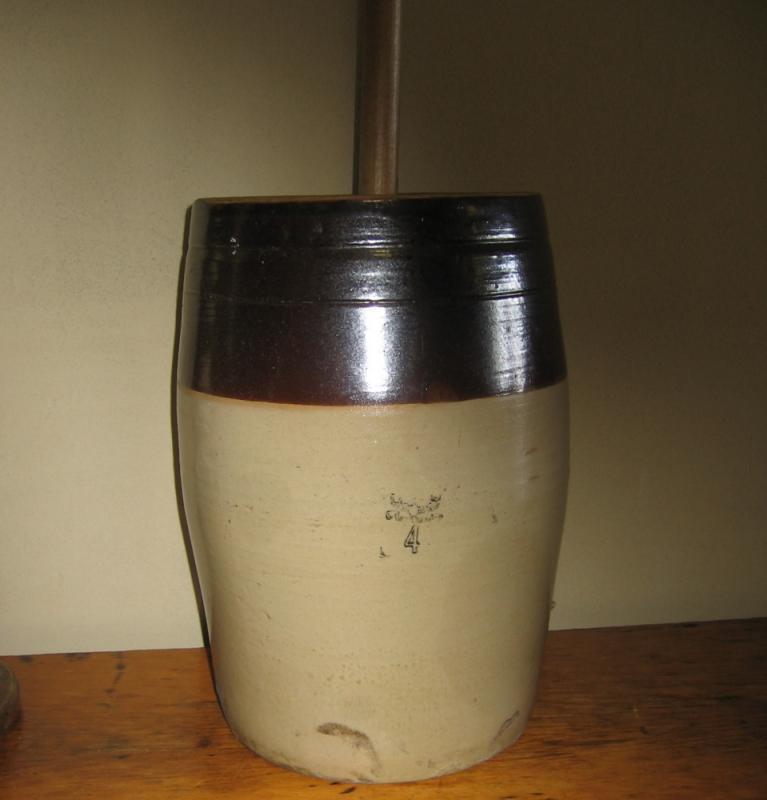 4 Gal BUTTER CHURN Stoneware Crock Four - Antique Brown & White Crock Pottery