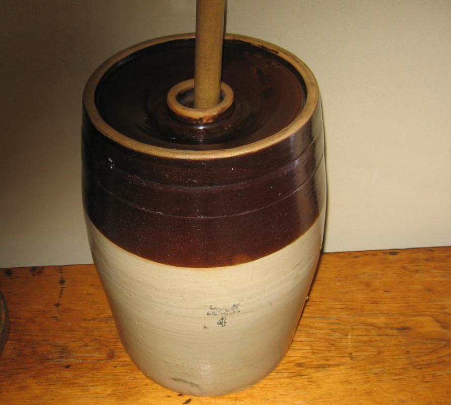 4 Gal BUTTER CHURN Stoneware Crock Four - Antique Brown & White Crock Pottery