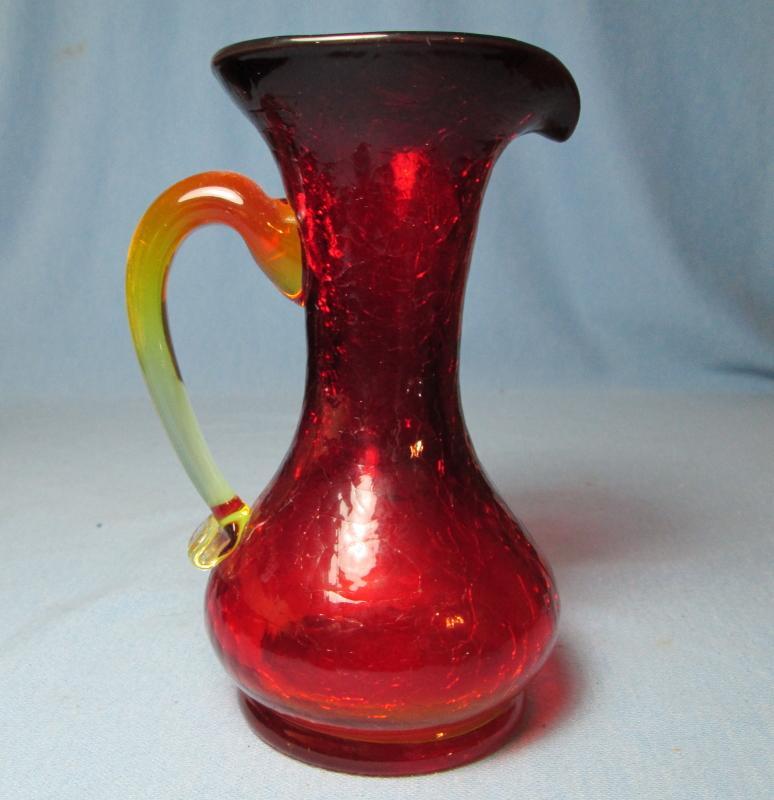 Amberina Crackle Glass Pitcher with Applied Handle