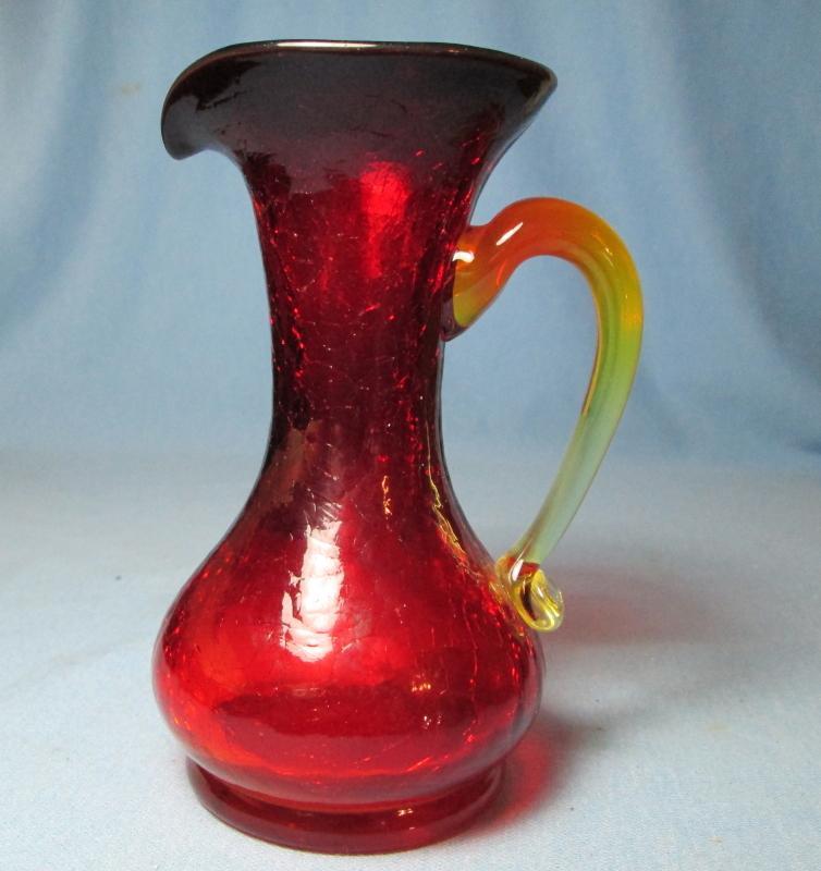 Amberina Crackle Glass Pitcher with Applied Handle