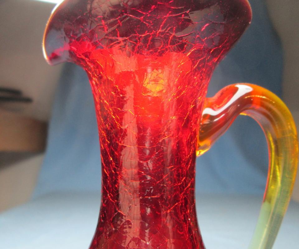 Amberina Crackle Glass Pitcher with Applied Handle