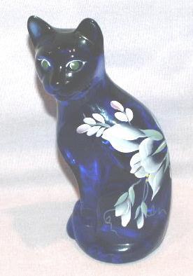 FENTON Cobalt Signed Hand Painted Glass CAT Figurine