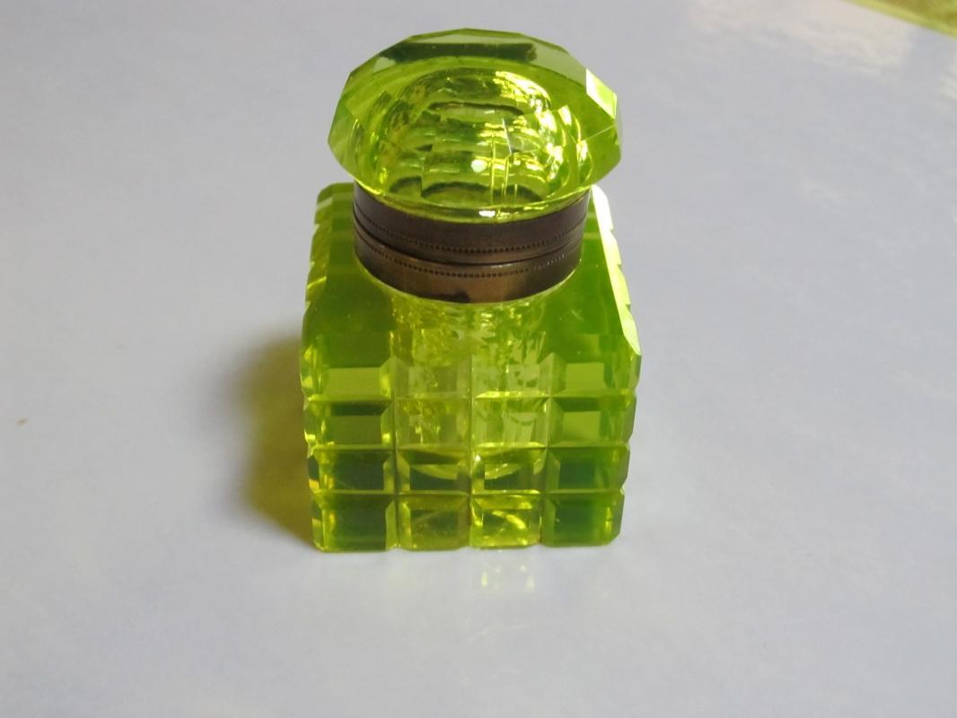 Vaseline Cut Glass Inkwell - Glass