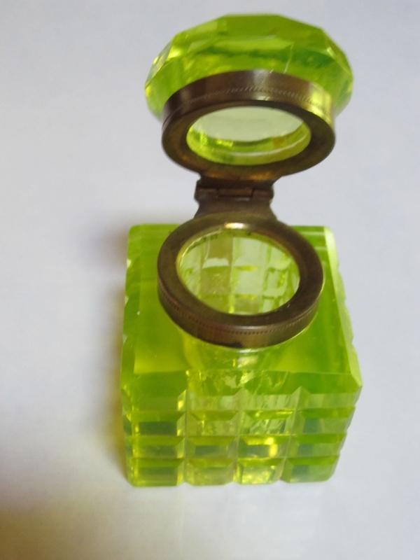 Vaseline Cut Glass Inkwell - Glass