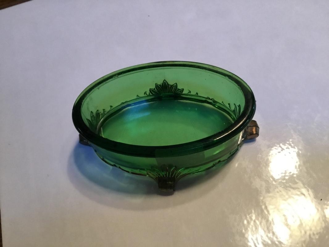 Green Glass Footed Pin Receiver - glass