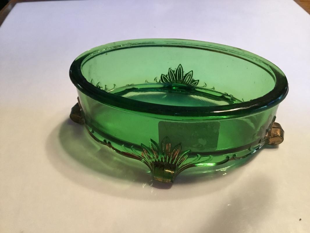 Green Glass Footed Pin Receiver - glass