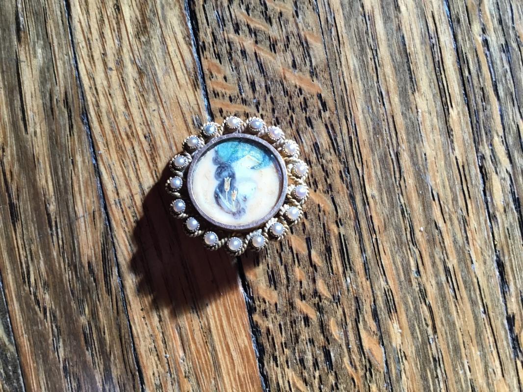 14K Gold Brooch Portrait on Ivory/ Seed Pearls - Ivory