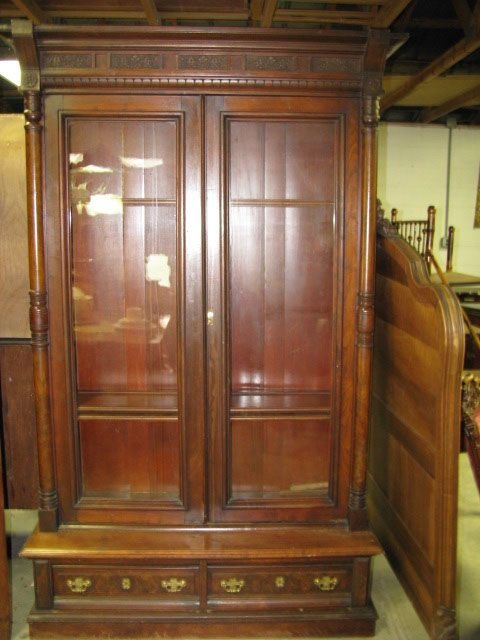Two Door Victorian Walnut Bookcase Curio China Cabinet