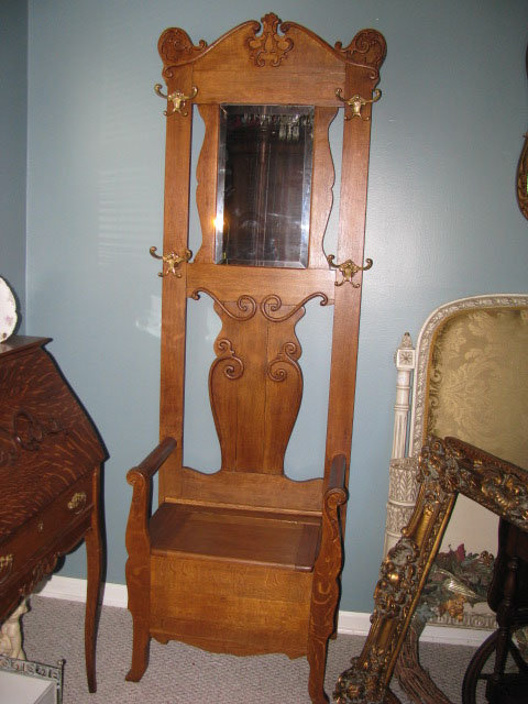 Tiger Oak Hall Tree Bevelled Mirror and Carvings