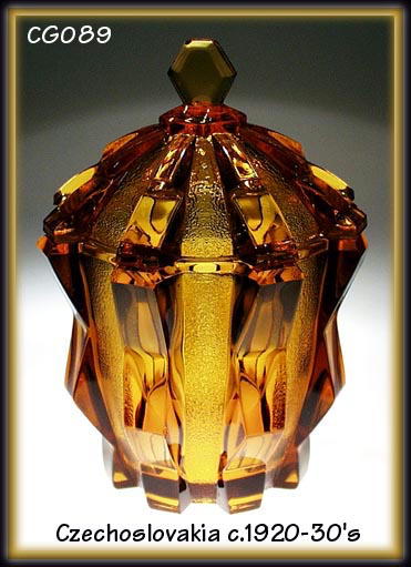 CZECH CUBIST LIDDED TOPAZ color GLASS BOWL