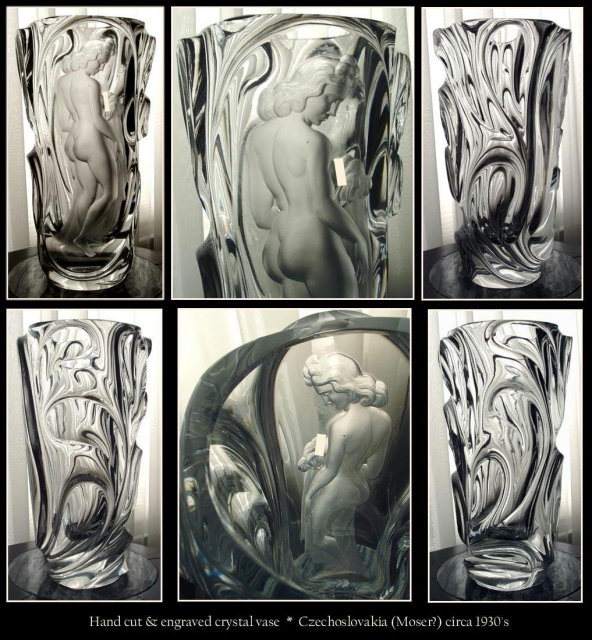 CZECH ART DECO ENGRAVED CRYSTAL FIGURAL FEMALE VASE