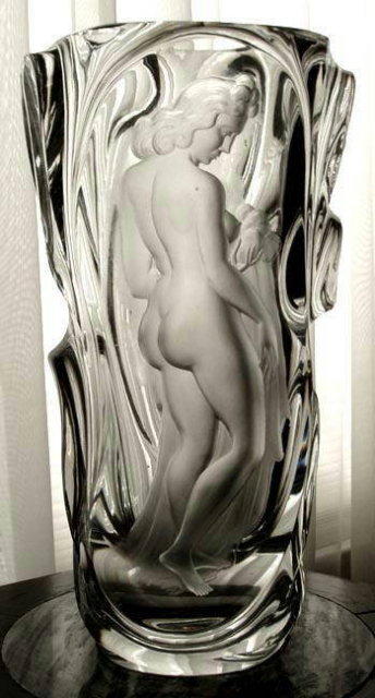 CZECH ART DECO ENGRAVED CRYSTAL FIGURAL FEMALE VASE