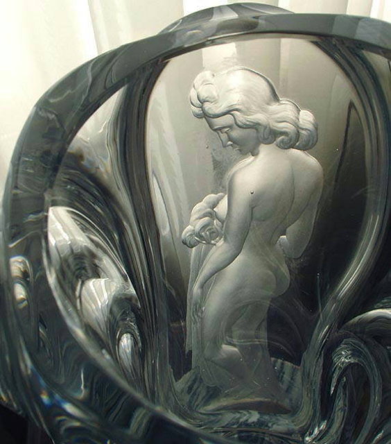 CZECH ART DECO ENGRAVED CRYSTAL FIGURAL FEMALE VASE