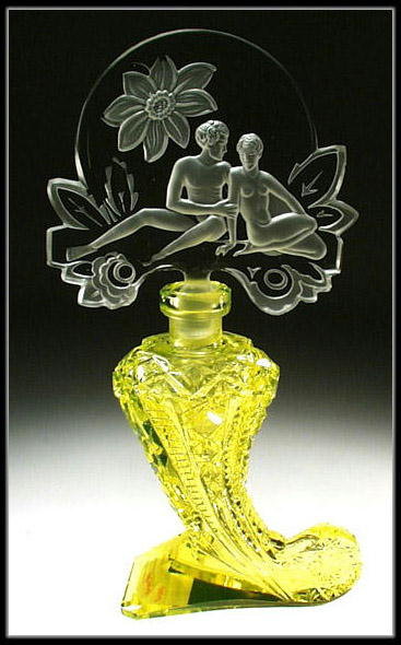 CZECH ADAM & EVE URANIUM GLASS PERFUME BOTTLE